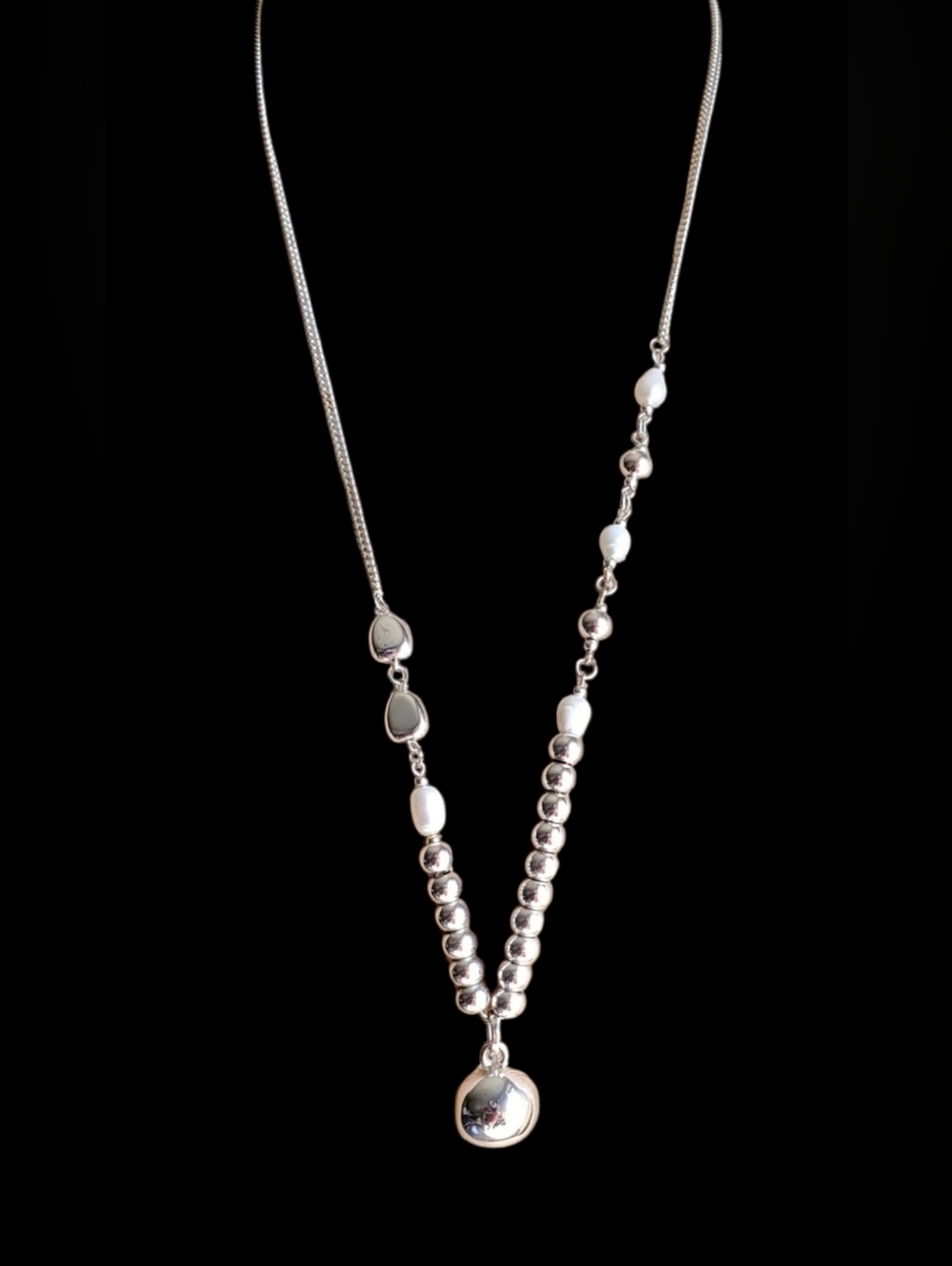 Y-shape Silver & Fresh Water Pearl Necklace